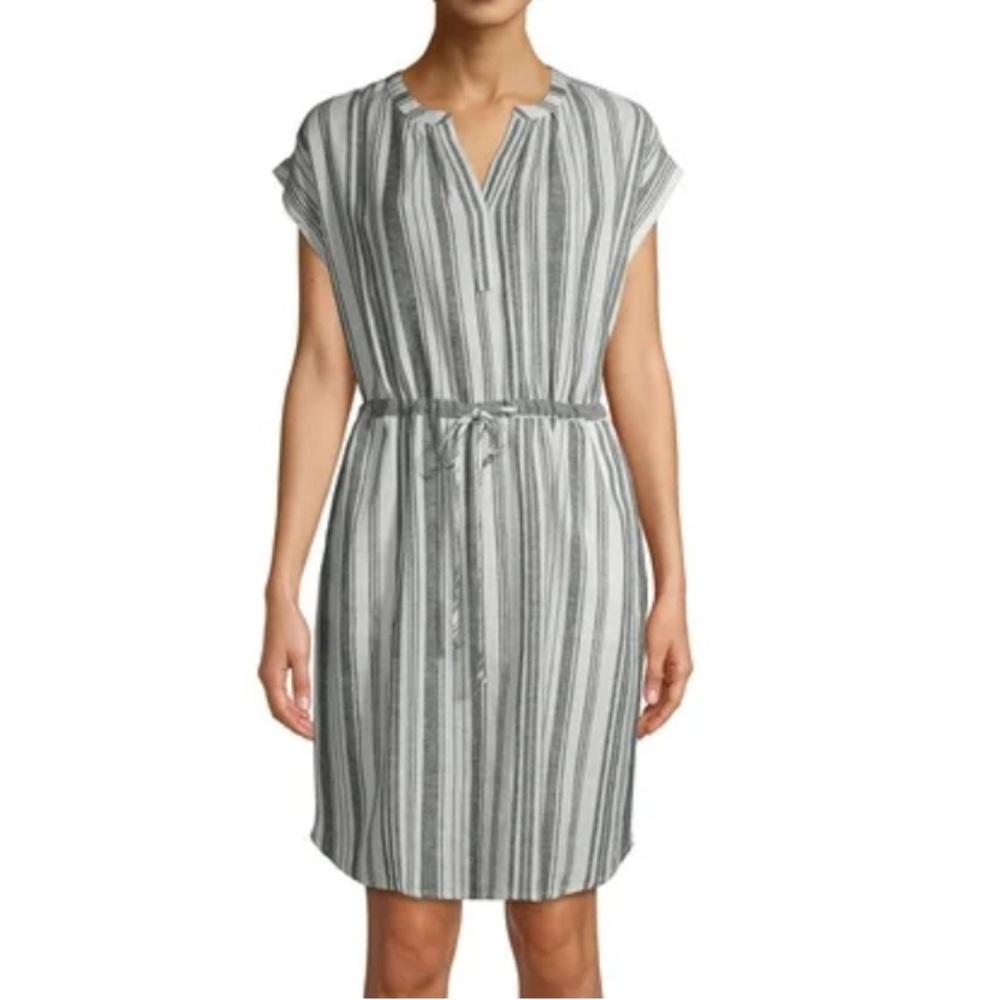 Time and Tru Cinched Waist Dress Linen Stripes Grey White 3X